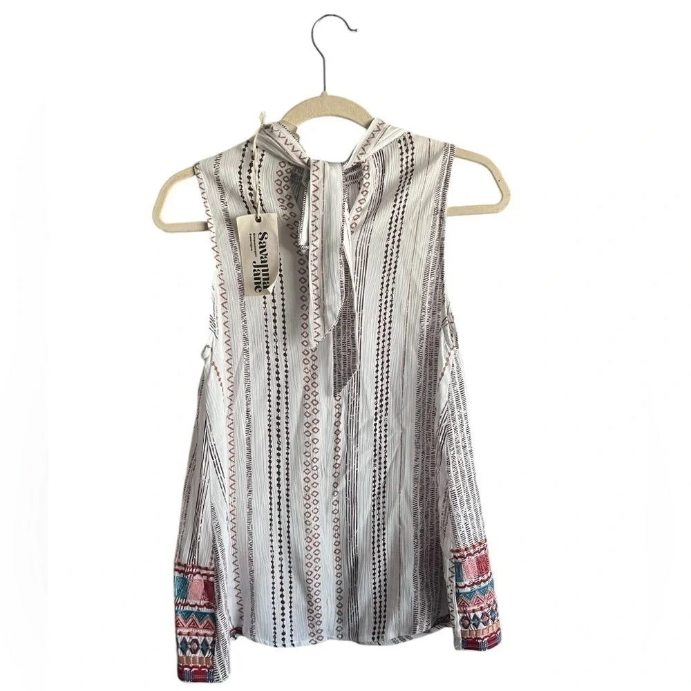 Savanah Jane Striped Embroidered Tie Neck Blouse, New with Tags_2